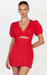 Carolyn Mini Dress - V Neck Puff Sleeve Dress in Red