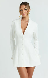 Layton Mini Dress - V Neck Long Sleeve Button Front Tulip Skirt Dress in White