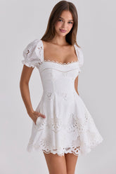 White Custom Lace + Cotton Broderie Anglaise Mini Dress