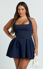 Hayes Mini Dress - Halter Neck Corset Bodice Dress in Dark Blue