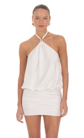 Satin Halter Blouson Mini Dress in White