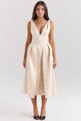 Ivory Metallic Jacquard Midi Dress