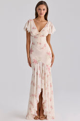 Ivory Vintage Rose Print Georgette Maxi Tea Dress