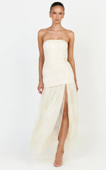 Brielle Maxi Dress - Strapless Gathered Fit & Flare Lace Dress in Champagne