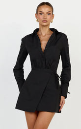 Heath Mini Dress - Collared Button Up Shirt Dress in Black