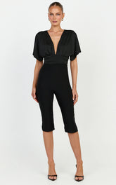 Liana Bodysuit - Plunge Neck Wide Sleeve Bodysuit in Black