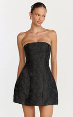 Rosalie Mini Dress - Strapless Jacquard Floral Mini Dress in Black