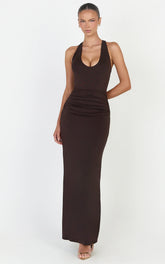 Sophie Maxi Dress - Plunge Neckline Ruched Waist Racer Back Dress in Chocolate