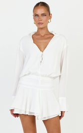 Melanie Mini Dress - Tie Front Long Sleeve Shirt Dress in White