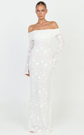 Aurelle Maxi Dress - Off Shoulder Floral Embroidered Dress in Ivory