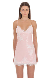 Lace Sequin Plunge Mini Dress in Pink