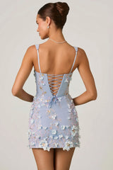 Embellished Appliqué Corset Mini Dress in Sky Blue