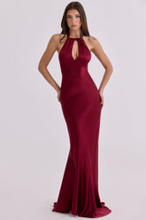 Wine Satin Halter Maxi Dress