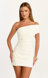 Stefanie Mini Dress - Ruched One Shoulder Dress in White