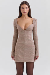 Brown Puppytooth Check Plunge Mini Dress
