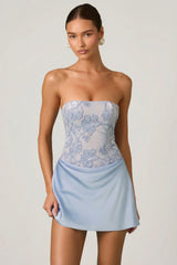 Embellished Draped Strapless A-Line Mini Dress in Sky Blue