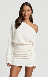 Alyce Mini Dress - Long Sleeve One Shoulder Dress in Off White