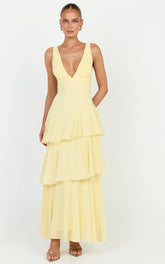 Beryl Midi Dress - Deep V Neck Sleeveless Layered Dress in Lemon