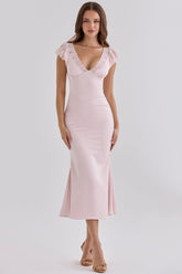 Pink Satin Lace Trim Midi Tea Dress