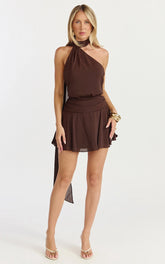 Penelope Mini Dress - Scarf Neck Backless Dress in Chocolate