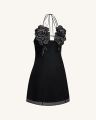 Flower Embroidered Mini Dress - Black