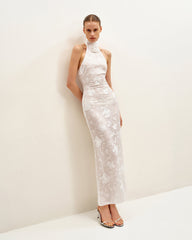 Uliana White Floral Lace Halterneck Maxi Dress - White