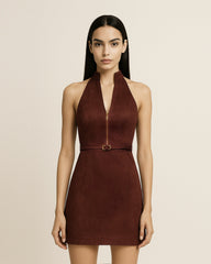 Faux Suede Halter Neck Zip-Front Mini Dress - Burgundy