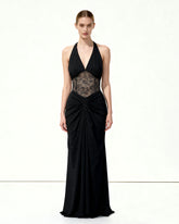 Ruched Lace Panel Maxi Dress - Black