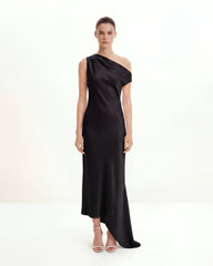 Satin Draped One-Shoulder Asymmetric Dress - Black