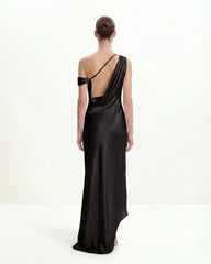 Satin Draped One-Shoulder Asymmetric Dress - Black
