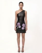 Iris Floral-Print One-Shoulder Leather Mini Dress - Black