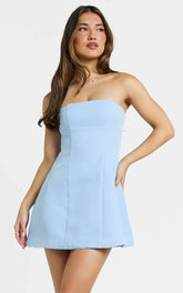 Catharine Mini Dress - Strapless A Line Dress in Blue