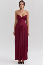 Berry Pleated Satin Maxi Dress