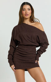 Alyce Mini Dress - Long Sleeve One Shoulder Dress in Chocolate
