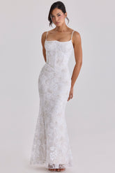 White Hand Beaded Embellished Satin Bridal Gown
