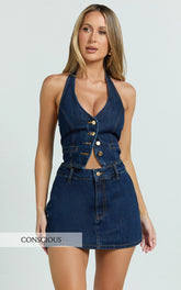 Walton Skort - Mid Waisted Recycled Denim Skort in Indigo Wash