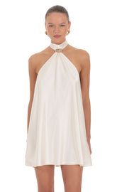 Satin Ring Halter Mini Dress in White
