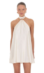 Satin Ring Halter Mini Dress in White