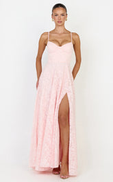 Rachel Maxi Dress - Sweetheart Neckline Jacquard Front Split Dress in Pink
