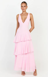 Beryl Midi Dress - Deep V Neck Sleeveless Layered Dress in Pink