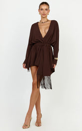 Ariette Mini Dress - Plunge Neck Fringe Detail Belt Dress in Chocolate
