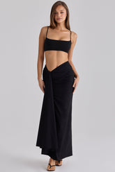 Black Draped Cotton Midi Skirt