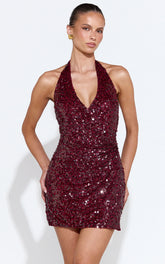 Almira Mini Dress - Sequin Halter Wrap Dress in Wine