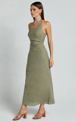 Lindley Midi Dress - Halter Neck Linen Look Dress in Olive