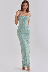 Jade Hand Beaded Embellished Strapless Maxi Dress