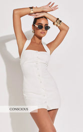 Ricki Mini Dress - Linen Halter Neck Shift Dress in White