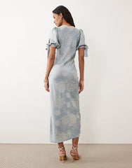 Hope & Ivy satin jacquard lace trim tie sleeve midi dress in pale blue