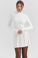 White Cashmere Blend Pleated Skated Mini Dress