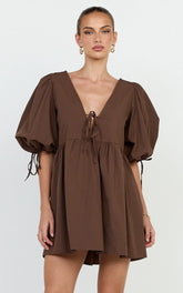 Rosita Mini Dress - Tie Front Puff Sleeve Dress in Chocolate