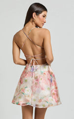 Odessa Mini Dress - Straight Neck Backless Tie Back Shift Dress in Pink Jacquard
